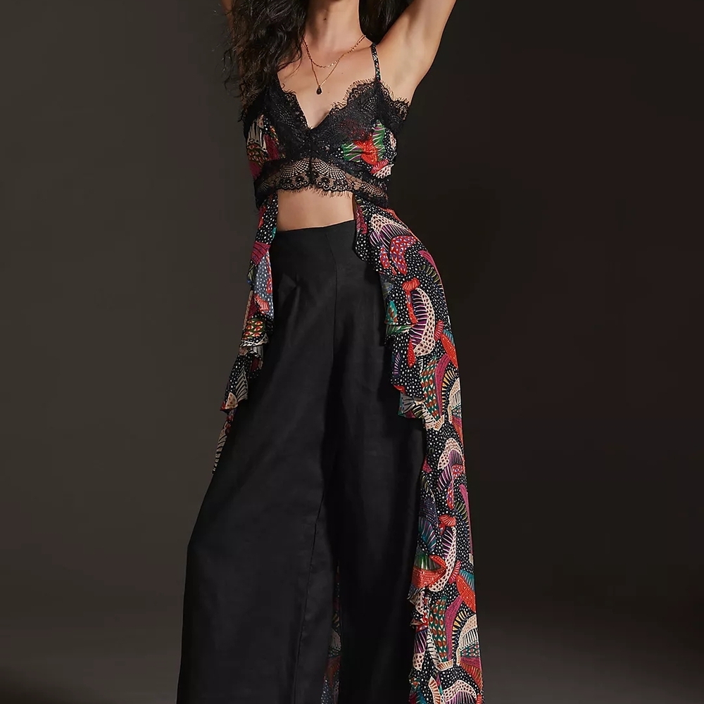 FARM RIO ANTHROPOLGIE Black and Multicolor Silk Cardigan Size S